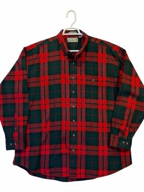 Vintage Bill Blass Men's Red and Dark Green Plaid Button-Up Shirt. Size 2XLT